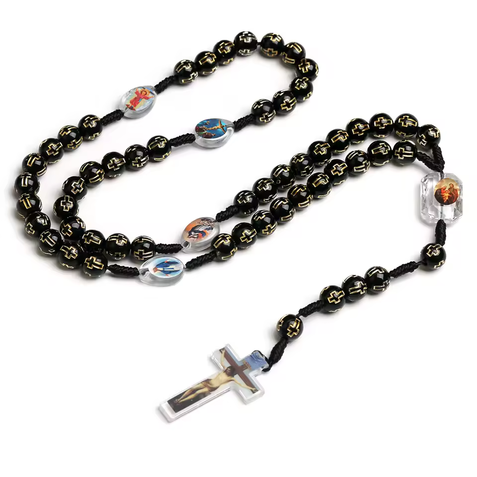 Christmas Exquisite Ornaments Rosary Religious Cross Hand-Knitted Plastic 8mm Beads Christ Catholic Church Jewelry Necklaces