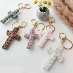 Regular Style Minimalist Handwoven Cotton Cross Keychain Cross/Crown/Roman Numerals Pattern for Car Accessories Soft Pendant Bag