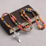 Religious Rosary Charm Colorful Necklace with Flower Plastic 10mm Bead Alloy Cross Jesus Christian Prayer Beads for Catholicism - Image 2