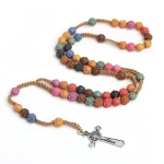 Religious Rosary Charm Colorful Necklace with Flower Plastic 10mm Bead Alloy Cross Jesus Christian Prayer Beads for Catholicism