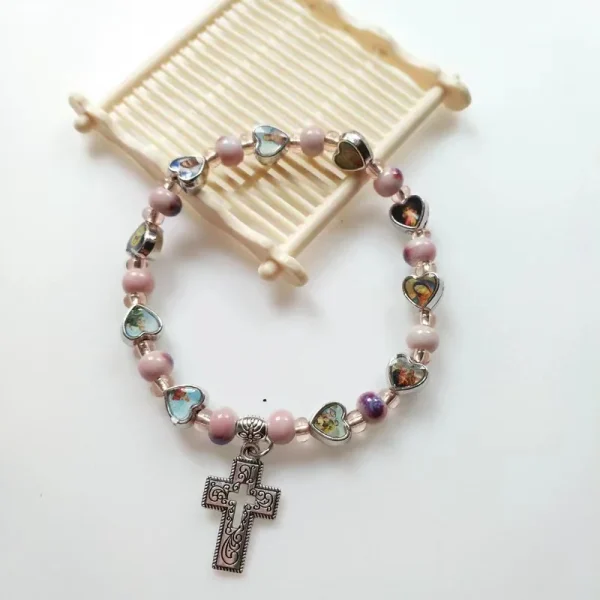 Wholesale Heart Shape Image Beads Bracelet Hand String Elastic Bracelet With Cross Charm Beaded Bangles