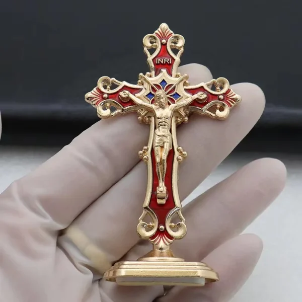 Mecrt Catholic Ornament Crucifix Enamel Cross Decorations Religious Prayer Jesus Figurine Metal Statues Cheap Gift