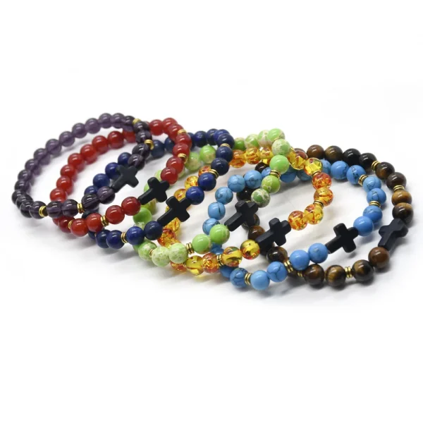 Religious Jewelry Natural Stone Cross Bracelet Stretch Semi-Precious Stone Bead Bracelet