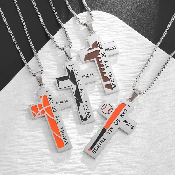 Religious Theme Cross Sports Style Stainless Steel Baseball Cross Pendant Necklace Titanium Steel Hip-Hop Trendy