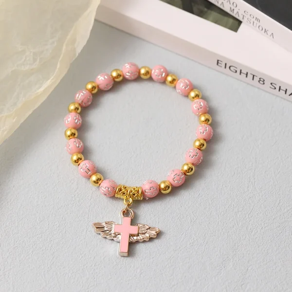 Catholicism Acrylic Cross Bead Bracelet with Gold Stamping Angel Cross Eucharist Baptism Rosary Bracelet Beaded Gift
