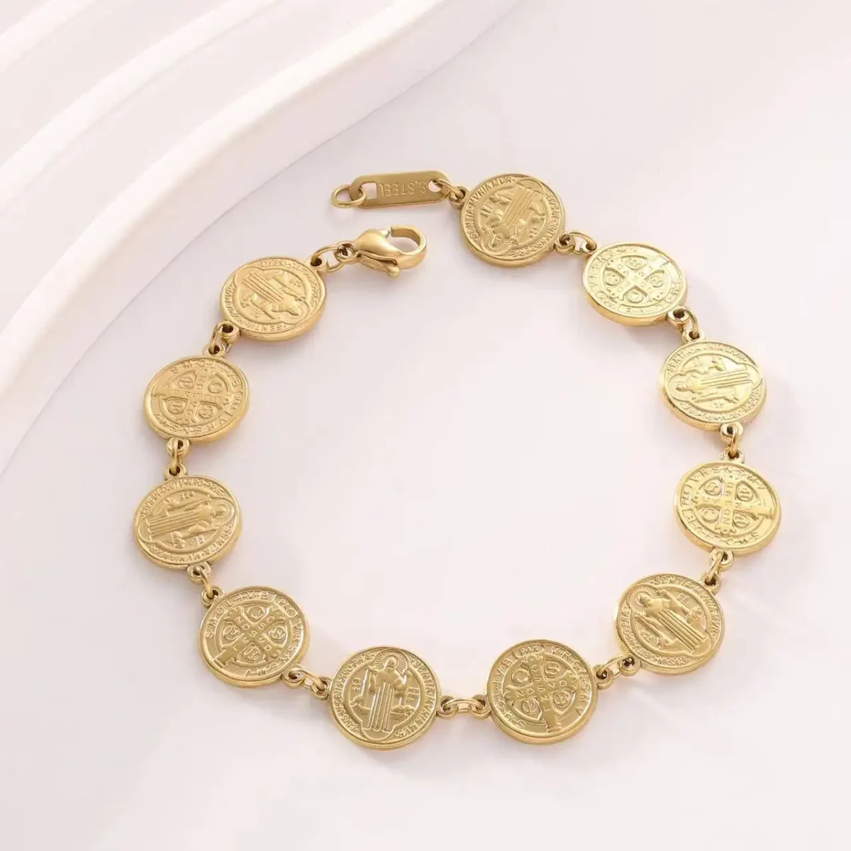 Catholic Latest Religious Jewelry 14K Gold Saint Benedict Medal Bracelet - Image 3