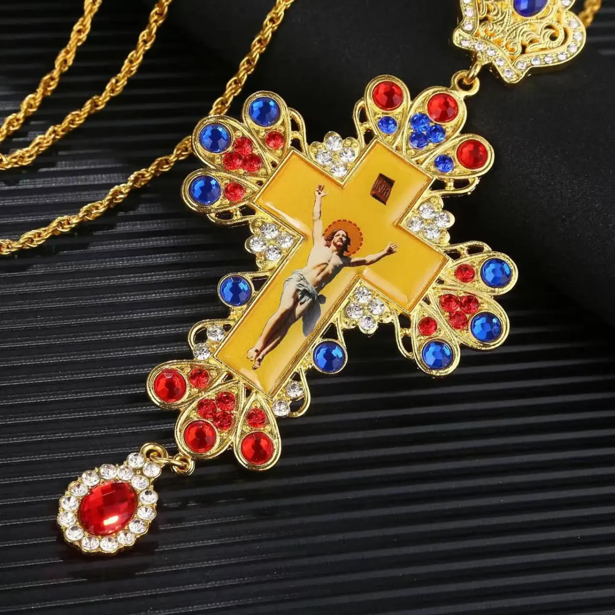 Cross Orthodox Jesus Crucifix Pendants Rhinestones Cross Chain Gold Religious Jewelry - Image 3