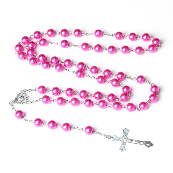 Catholic Cross Rosary Necklace Imitation Pearl 8MM Beads Easter Christian Sacrifice Gifts Church Prayer Jewelry Wholesal