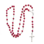 Rose Fragrance Wooden Bead 6mm Holy Cross Pendant Catholic Anniversary Rosary Necklace Silver Cross Maria Center Religious - Image 3