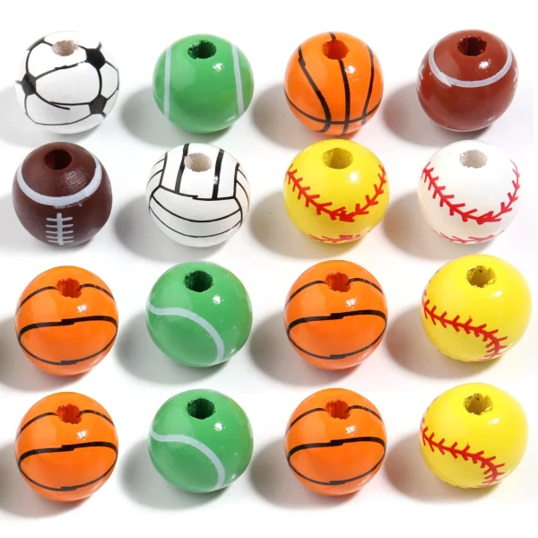 Mecrt Wooden Loose Beads for Jewelry Making Basketball Football Volleyball Beads for Bracelet Making DIY Jewelry Accesso