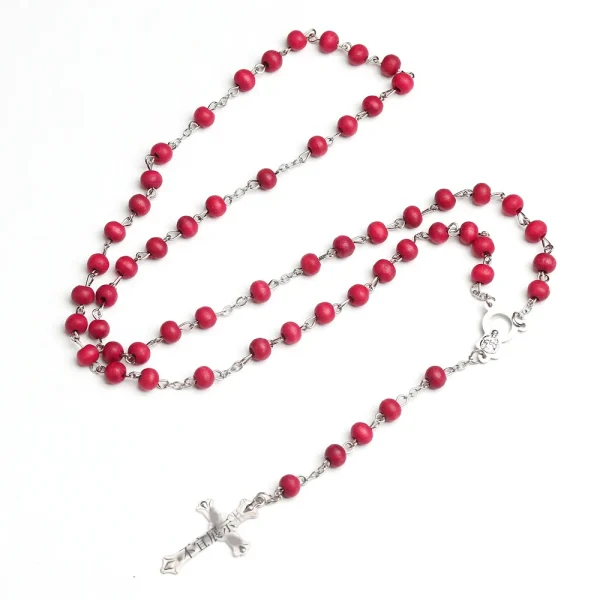 Rose Fragrance Wooden Bead 6mm Holy Cross Pendant Catholic Anniversary Rosary Necklace Silver Cross Maria Center Religio