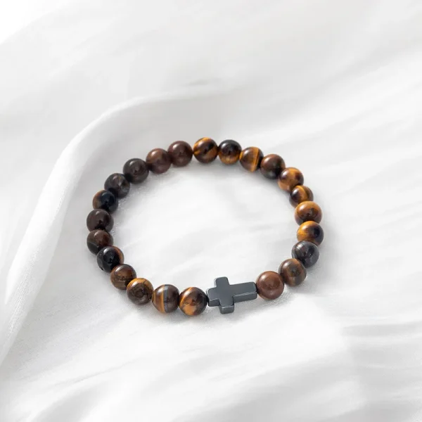 Vintage Zinc Alloy Beaded Bracelets Cross Charm Elastic Stretch Religious Catholic Gift