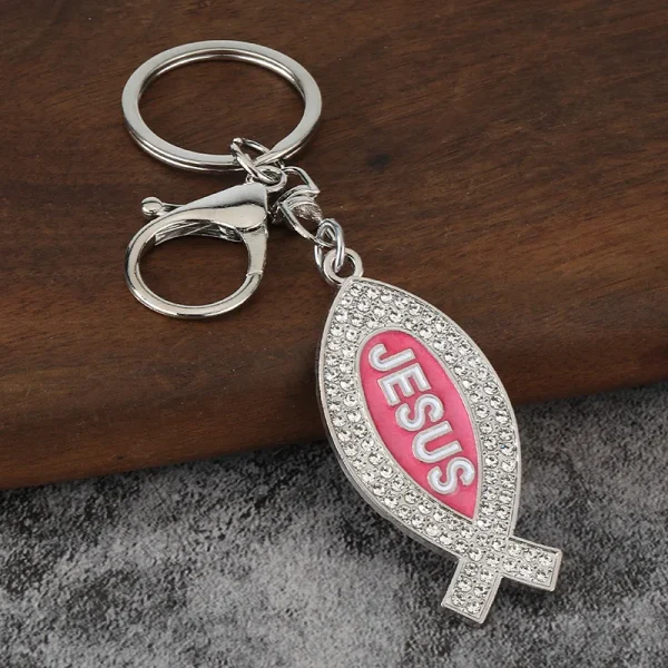 Jesus Keychain Pendant Geometric Metal Keychain Pendant with Full Diamonds and English Letters Fashion Design Key Access