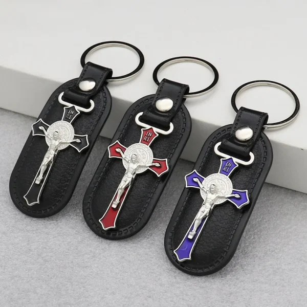 Catholic Cross Jesus Keychain Vintage Retro Metal Crucifix PU Combination Car Pendant Keychain Key Jewelry Pendant