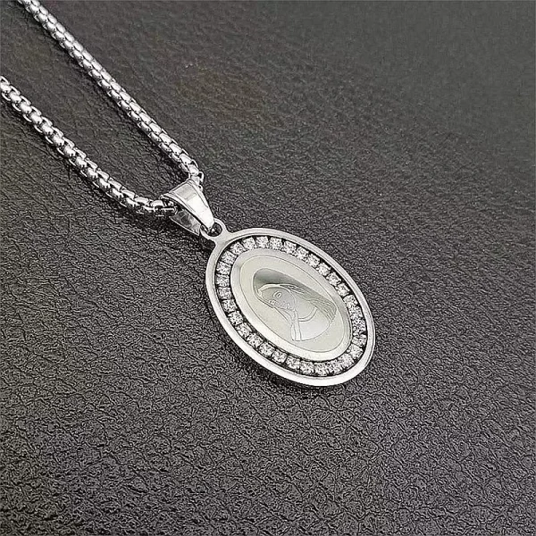 Fashion Pave Rhinestone Zircon Necklace Charms Virgin Mary Pendant Necklaces for Women Religious Stainless Steel Jewelry