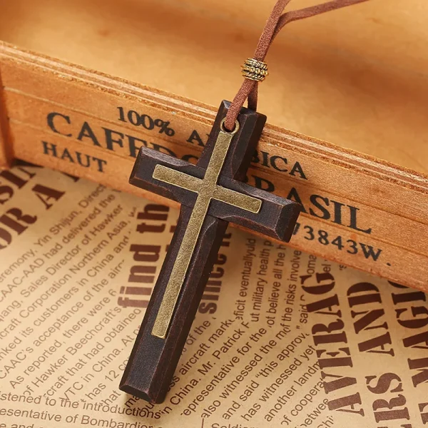 Vintage Handmade Double-layer Alloy Wood Cross Necklace for Women Men Long Pendant Sweater Chain Car Hanging N300
