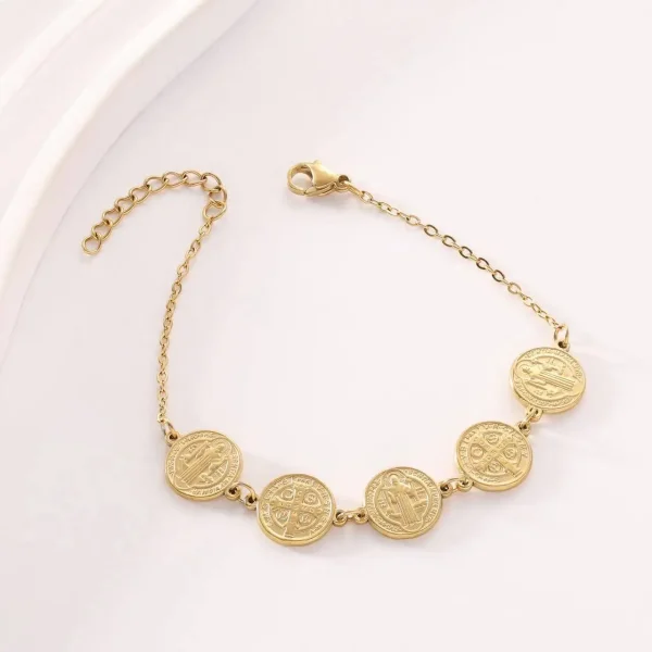 Catholic Jewelry Religious Christian Stainless Steel Bracelet for Men Coin Fashion Gold Plated Cross Beaded Exorcism Bra