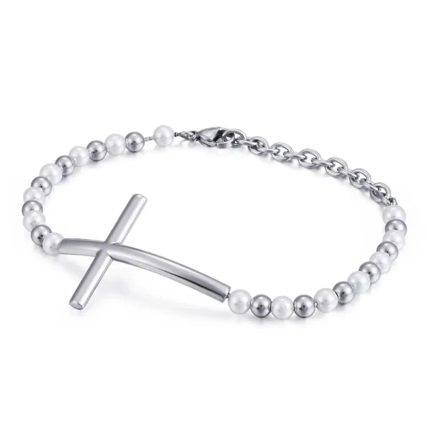 Fashion Jewelry Cross Bracelet for Men and Women Catholic Rosary Lucky Charm Round Beads Titanium Steel Valentine’