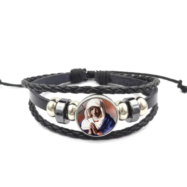 Mecrt Men’s Religious Punk Cuff Bracelets Virgin Mary Medal Beaded Woven Leather Wristband Zodiac Gifts with Cross