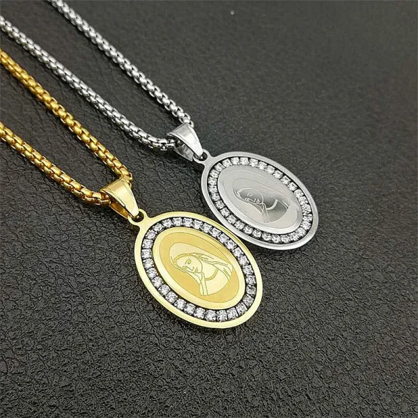 Fashion Pave Rhinestone Zircon Necklace Charms Virgin Mary Pendant Necklaces for Women Religious Stainless Steel Jewelry