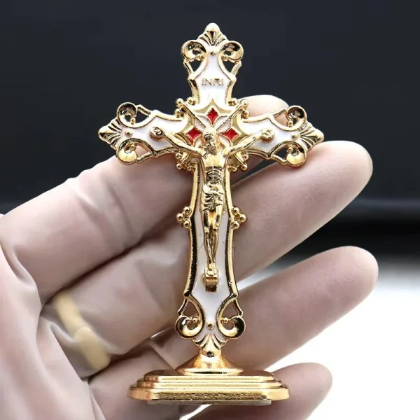 Mecrt Catholic Ornament Crucifix Enamel Cross Decorations Religious Prayer Jesus Figurine Metal Statues Cheap Gift