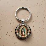 Our Lady of Guadalupe Round Glass Keychain Metal Flower Virgin Prayer Bag Decorative Pendant Gift Jewelry - Image 4
