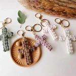 Regular Style Minimalist Handwoven Cotton Cross Keychain Cross/Crown/Roman Numerals Pattern for Car Accessories Soft Pendant Bag - Image 3