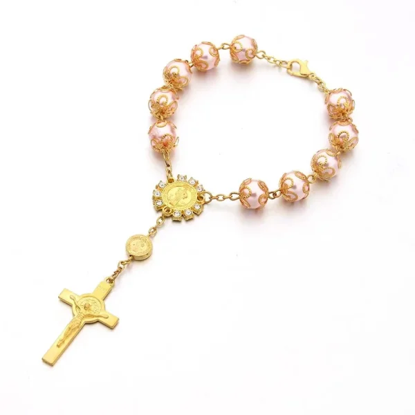 Crystal Wholesale 10mm Imitation Pearl Beaded Zinc Alloy Catholic Unisex Virgin Mary Rosary Bracelets with Crucifix