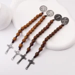Cross-border Temu Alloy Cross Saint Benedict Medal Prayer Pocket Beaded Bracelets Catholicism Brown Wooden Beads