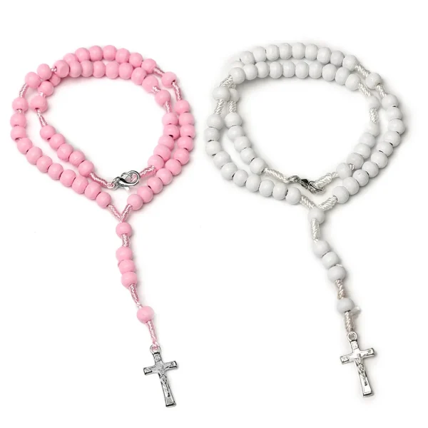 Rosary for Kids Wooden Bead Children’s Cross Necklace Prayer Baptism pink Prayer Beads Jewelry Wholesale