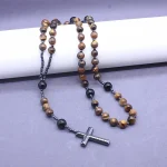 Hot Sale Tiger Eye Agate Beads Sweater Chain Cross Rosary Necklace Unisex Accessories - Image 3