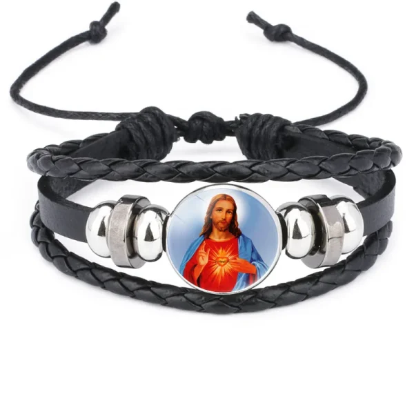 Mecrt Layered PU Leather Bracelets With Round Miraculous Jesus Virgin Mary Figures Medal Beads Wristband Bangle Bracelet