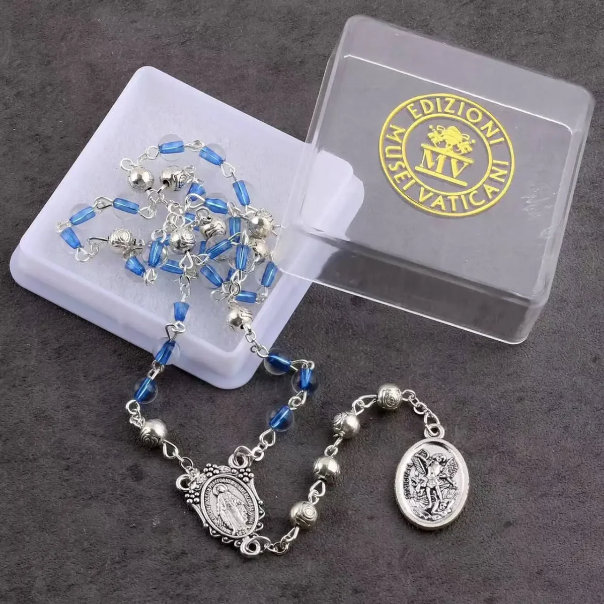 Mecrt Religious Jewelry Items Catholic Virgin Mary Chain Rosay Blue Glass Pearl Beads Rosario Women Necklaces with Box - Image 3
