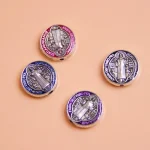 Tibetan Style Flat Round Spacers Beads Colorful Tone Jesus Cross Crucifix Saint Benedict Metal Beads