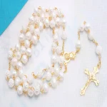 Catholic Rosary 8mm Gold Rose Beads Cross Handmade Curved Needle Religious Necklace Church Easter Gift