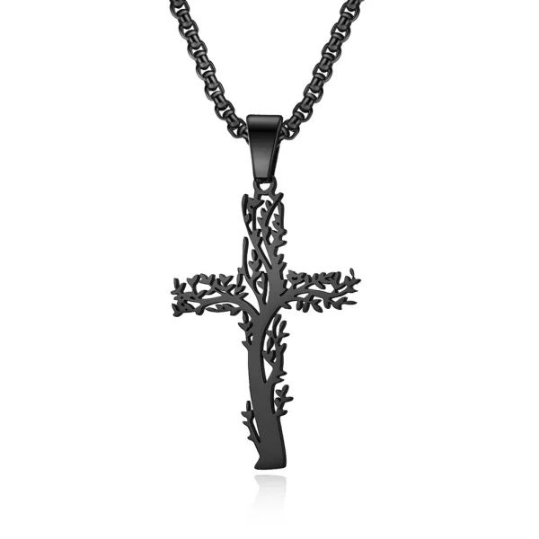 Stainless Steel Crucifix Tree Life Cross Pendant Necklace Jewelry for Men Women Religious Jesus Jewelry