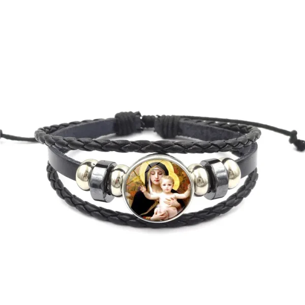 Mecrt Men’s Religious Punk Cuff Bracelets Virgin Mary Medal Beaded Woven Leather Wristband Zodiac Gifts with Cross