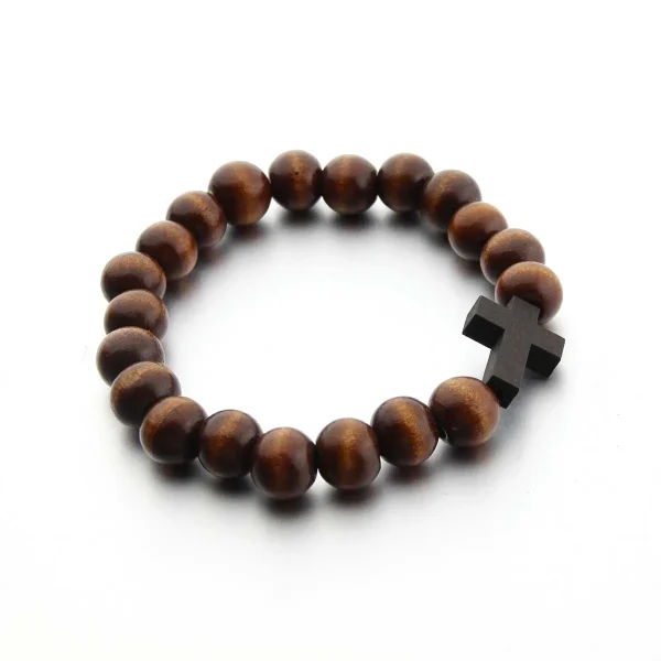 Religious Catholic Wood Rose Beaded Bracelets Men Women Orthodox Christ Jesus Cross Virgin Mary Pendant Bracelets