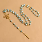 Catholic Rosaries Pink Glass Pearl Beads Angel Wings Trendy Jesus Rosary Necklace 6MM Gold Jewelry Wholesale - Image 3