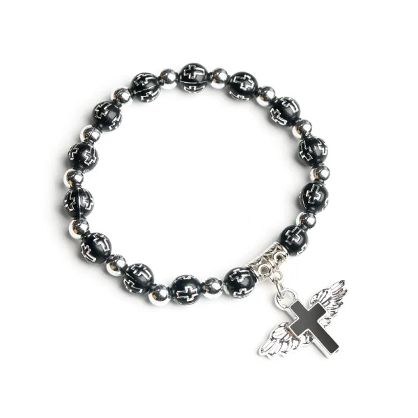 Catholic Cross Wings Gold Stamping Acrylic Cross for Bracelet with Enamel Beads Angel Beads Baptism Rosary for Bracelet
