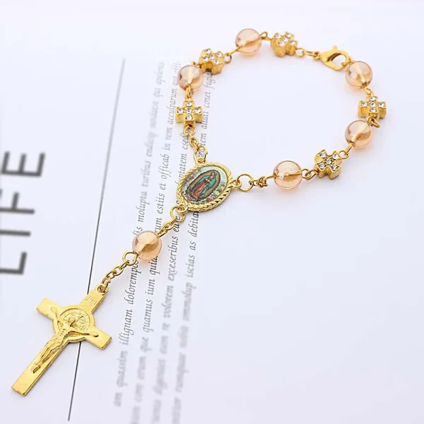 Wholesale Catholic Rosary Bracelet Prayer Fashion Cross Bracelet Gold Imitation Glass Pearl Handcrafted Curved Needle Br