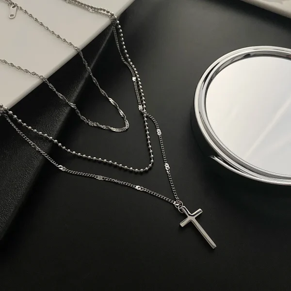 Three-layer Cross Necklace Female NicheAdvanced Collarbone Chain Tide Fashion Catholic Christian Jewelry for Women