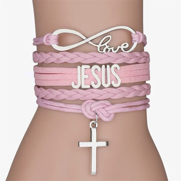 Mecrt Classic Alloy Bracelet and Cross Jesus Catholic Woven Bracelet Religious Gift Jewelry Colorful Leather Bracelet Wh