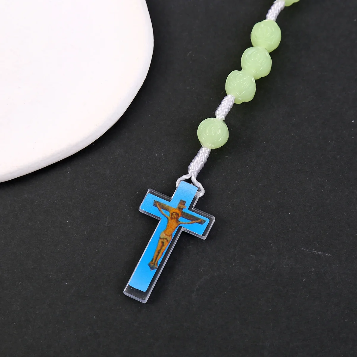 Catholic Rosary Necklace Luminous 10mm Glowing Prayer Pendant Rose Plastic Beads Jesus Icon Christian Jewelry for Easter Gifts - Image 4
