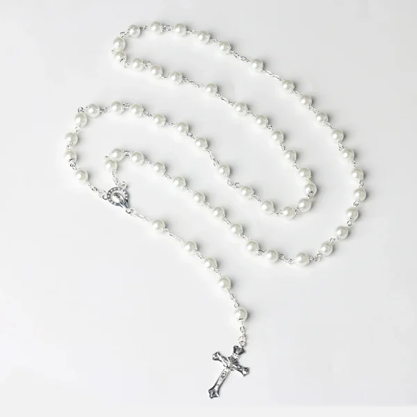 Classic White Glass Beads Rosary Set with Gold Plated Beaded Necklaces for Catholic Gift