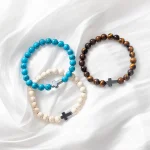 Vintage Zinc Alloy Beaded Bracelets Cross Charm Elastic Stretch Religious Catholic Gift - Image 2