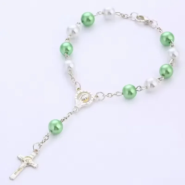 Colorful Pearl Rosary Cross Bracelet Handmade Beaded Religious Jewelry Anniversary Gift Mainly Made of Zinc Alloy