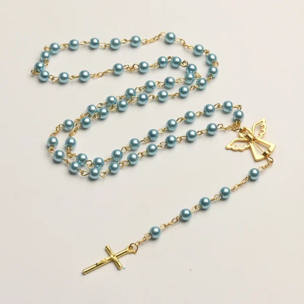 Catholic Rosaries Pink Glass Pearl Beads Angel Wings Trendy Jesus Rosary Necklace 6MM Gold Jewelry Wholesale