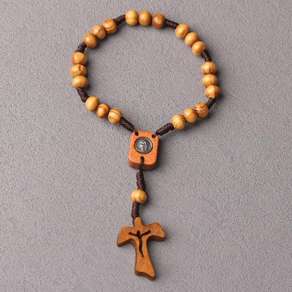 Wholesale Natural Wooden Cross Rosary Bracelet 8mm Pine Wood Beads Mary Rope Woven Easterewelry Type Bangles