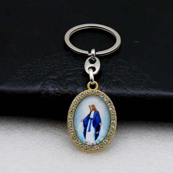 Catholic Theme Alloy Handmade Commemorative Cartoon Photo Frame Oval Micro-Inlaid Jewelry Keychain Pendant